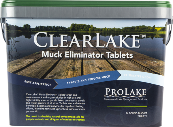 Muck Eliminator Tablets 24 pound bucket, with color-coded blue arrow and product name.