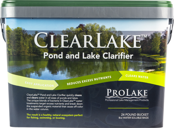 Pond and Lake Clarifier 24 pound bucket, with color-coded green arrow and product name.